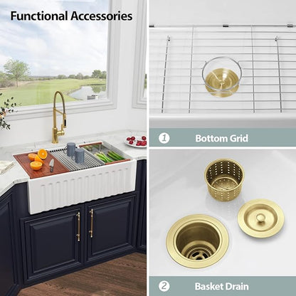 Kichae 33 White Farmhouse Kitchen Sink - 33X20 Inch Ledge Workstation Reversible Fluted Apron Front Ceramic Porcelain Farm Sinks Single Bowl with Gold Drain