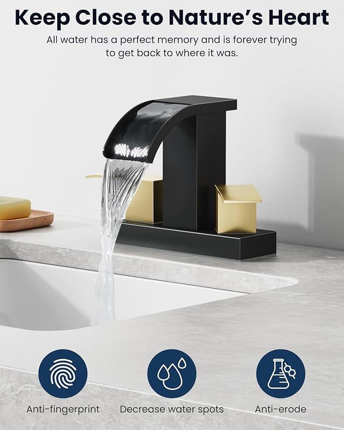 gotonovo Waterfall 4 Inch Centerset Bathroom Sink Faucet 2 Handle Basin Faucets 2 or 3 Hole Deck Mount with Pop Up Drain Included Lavatory Modern Mixer Tap Vanity Faucet Matte Black & Brushed Gold