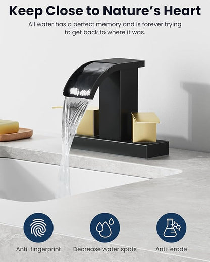 gotonovo Waterfall 4 Inch Centerset Bathroom Sink Faucet 2 Handle Basin Faucets 2 or 3 Hole Deck Mount with Pop Up Drain Included Lavatory Modern Mixer Tap Vanity Faucet Matte Black & Brushed Gold
