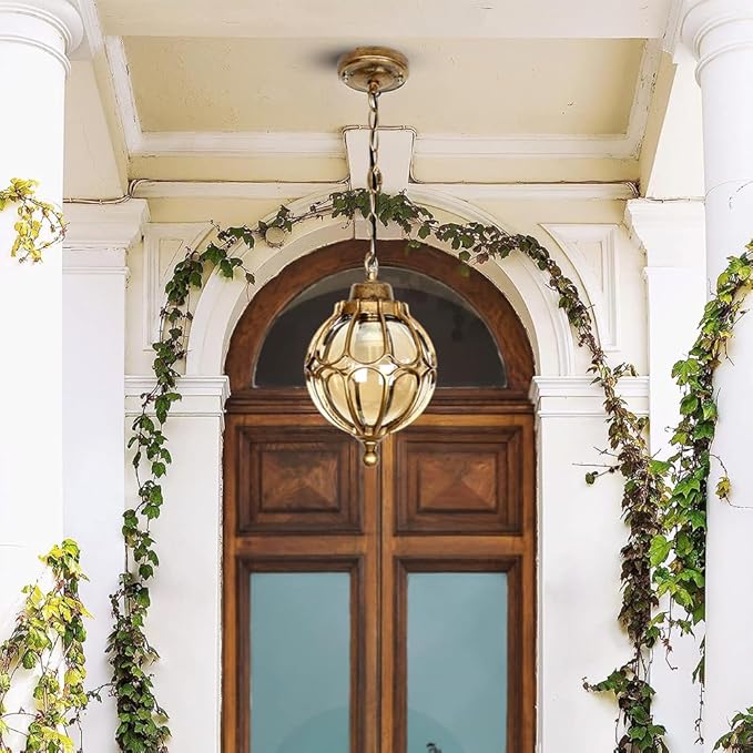 Outdoor Pendant Light Fixtures for Porch, Waterproof Exterior Lantern Glass Vintage Hanging Ceiling Light Retro Aluminum Outside Chandelier for Porch Patio Entryway Farmhouse (22cm/8.7",Gold)