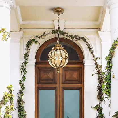 Outdoor Pendant Light Fixtures for Porch, Waterproof Exterior Lantern Glass Vintage Hanging Ceiling Light Retro Aluminum Outside Chandelier for Porch Patio Entryway Farmhouse (22cm/8.7",Gold)