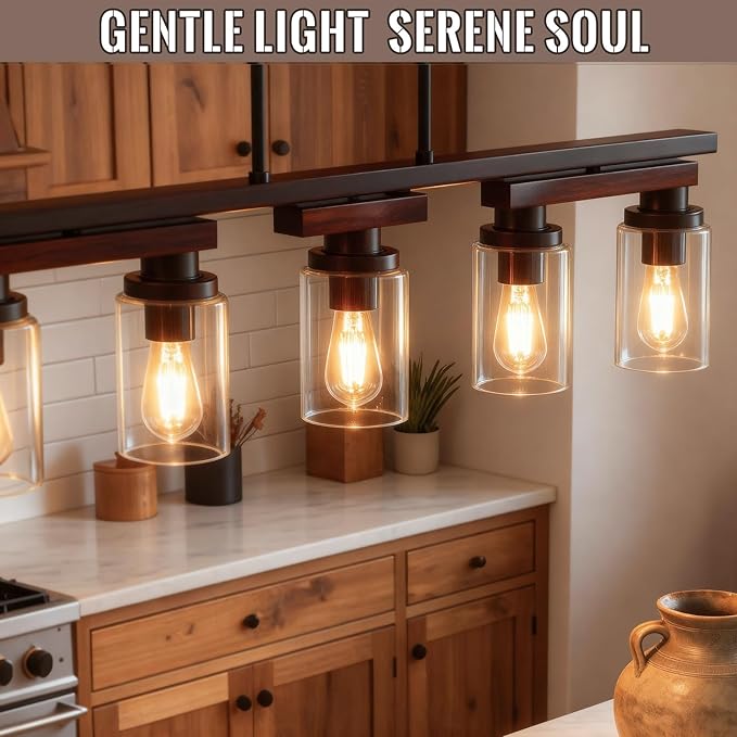 4-Light Kitchen Island Lighting & Farmhouse Dining Room Light Fixtures Over Table, Rustic Wood Linear Chandelier Adjustable Ceiling Hanging Pendant- Rotating Design, Customizable Shapes, Clear Glass
