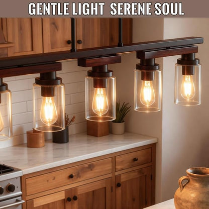 4-Light Kitchen Island Lighting & Farmhouse Dining Room Light Fixtures Over Table, Rustic Wood Linear Chandelier Adjustable Ceiling Hanging Pendant- Rotating Design, Customizable Shapes, Clear Glass
