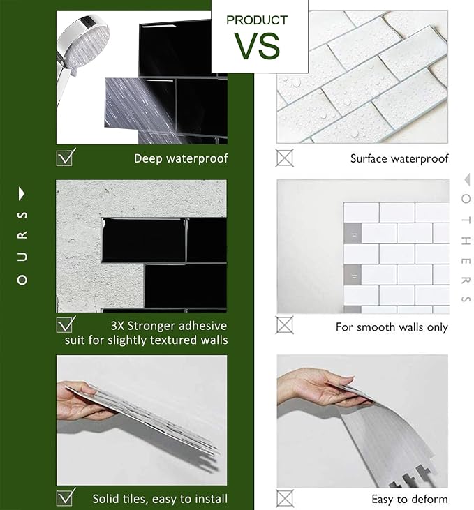STICKGOO 10-Sheet Backsplash Peel and Stick Subway Tile, Black Self Adhesive Vinyl Wall Tiles, Stick on Backsplash for Kitchen and Bathroom(Thicker Design)