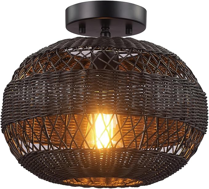 GLOBE Electric 66000071 1-Light Semi-Flush Mount Ceiling Light, Matte Black, Rattan Shade, Bedroom Lighting Fixtures Ceiling, Dining Room Fixture, Timeless Lighting for Hallway or Dining Room