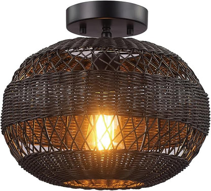 GLOBE Electric 66000071 1-Light Semi-Flush Mount Ceiling Light, Matte Black, Rattan Shade, Bedroom Lighting Fixtures Ceiling, Dining Room Fixture, Timeless Lighting for Hallway or Dining Room