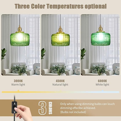 Vintage Plug in Pendant Light Fixture - Small Green Striped Glass Shade Adjustable Modern Hanging Lamp with Plug in Cord On/Off Switch Swag Pendant Lights for Kitchen Living Room