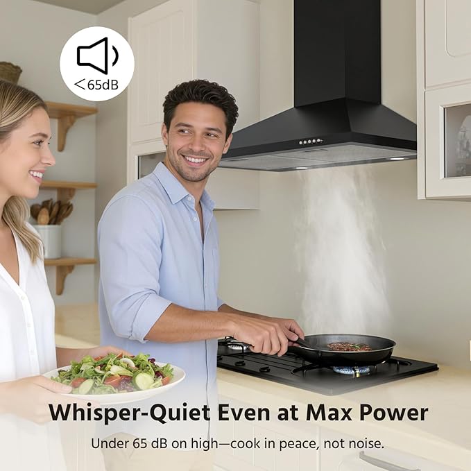 Range Hood 30 inch, 450 CFM Wall Mount Kitchen Hood in Cold Steel with Black Powder Coating Finish, LED Lighting, 3 Speed Exhaust Fan, Ducted/Ductless Convertible (Charcoal Filters Included)