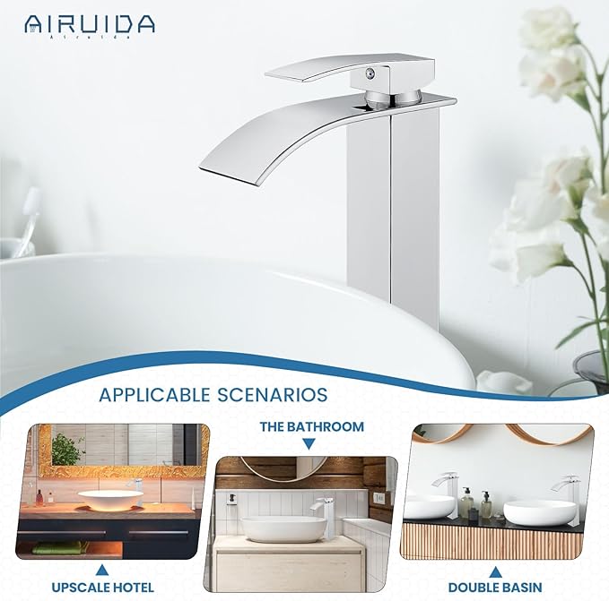 Airuida Tall Bathroom Vessel Faucet Chrome Polish Waterfall Bathroom Single Handle Single Hole Deck Mount Bowl Mixer Tap with Large Waterfall Spout Bar Sink Faucet Lavatory Vanity