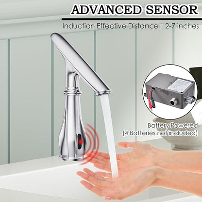 Touchless Bathroom Faucet, Automatic Motion Sensor Chrome Faucet for Bathroom Sink 1 Hole with Cover Plate, Mixing Valve, Battery Operated for Commercial Lavatory, Home Restroom