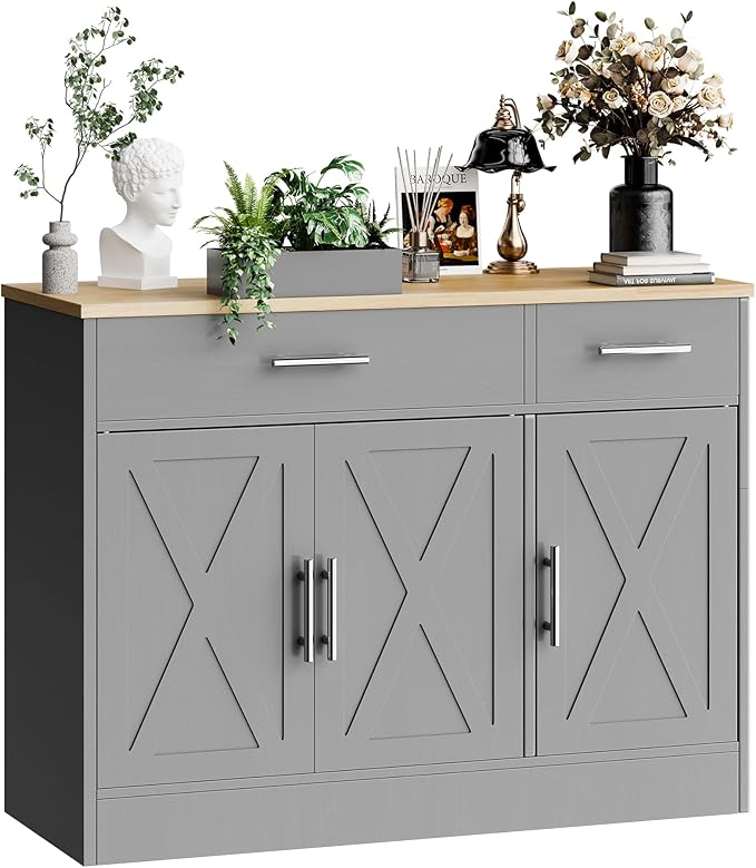SUNLEI Kitchen Buffet Sideboard Cabinet, Wooden Storage with 3 Doors and 2 Drawers, Adjustable Shelf, Modern Farmhouse Coffee Bar Cabinet with Storage for Kitchen/Laundry/Living Room,Grey