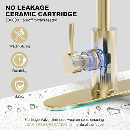 AVSIILE Brushed Gold Waterfall Kitchen Faucets with Pull Down Sprayer & Soap Dispenser, Single Hole & Handle, Pull Out Tap, Stainless Steel Sink Faucet, Suitable for Farmhouse Camper Laundry Rv Bar