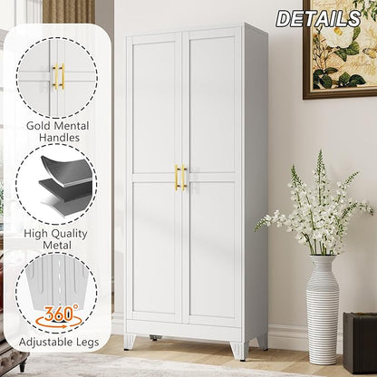 winiowa Metal Pantry Cabinet with 2 Doors and Adjustable Shelves - 71" Kitchen Storage Cabinet with Gold Handles - Versatile Storage for Kitchen, Bathroom, Dining Room, Utility Room - White