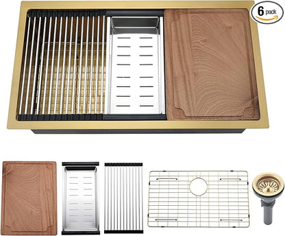 28 Inch Gold Undermount Kitchen Sink,28x18 Undermount Stainless Steel Kitchen Sink Brushed Gold Workstation 16 Gauge 10" Deep Single Bowl Kitchen Sinks with Accessories