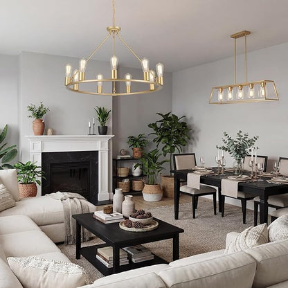 9-Lights Gold Chandelier | Dia 32'' Farmhouse Wagon Wheel Chandelier | Rustic Hanging Dining Room Light Fixture | Apply to Living Room | Kitchen Island | Entryway | Foyer