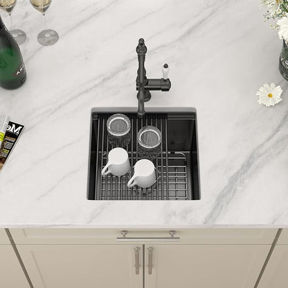 Dcolora 17 In. Black Undermount Bar Sink Single Bowl Workstation, 16 Gauge Stainless Steel Prep Sink Under Counter, 17" x 17" x 10", DC-U1717