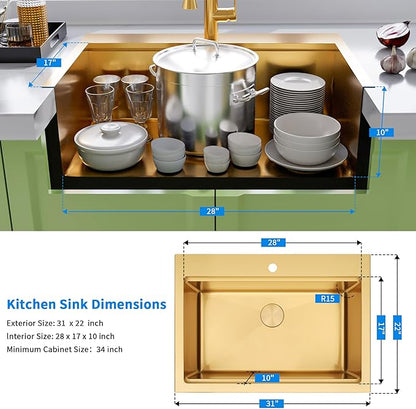 Gold Kitchen Sink 31" X 22",Drop In/Top Mount 16 Gauge Stainless Steel Workstation Sink,Deep & Large Single Bowl Kitchen Sinks (Gold, 31" X 22")