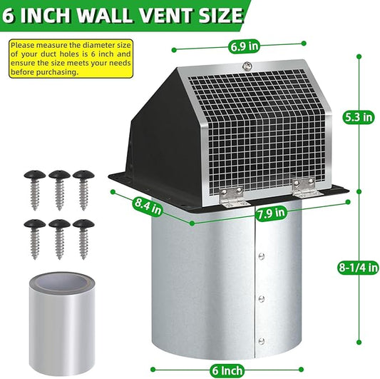 6 Inch Hooded Wall Vent with Screen and Damper,6"Exhaust Vent Dryer Vent Cover Outside,6" Vent Cover Exterior Wall Vent Cap for Kitchen Range Hood Vent Dryer Air Vent Bathroom Exhaust,Galvanized Steel