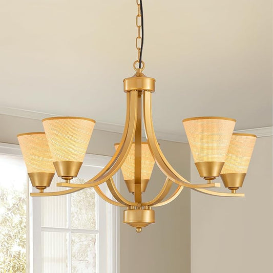 Farmhouse Rattan Chandelier Light Fixture,5-Light Gold Woven Boho Rattan Pendant Light Fixture,Boho Chandelier Lights Ceiling Hanging,Chandeliers for Dining Room,Kitchen Island,Living Room,Bedroom