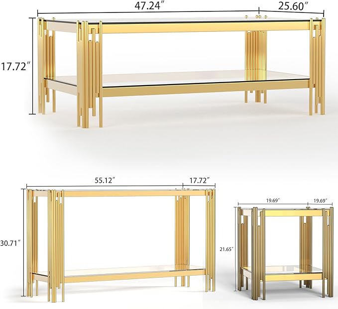 Henf Modern Glass Coffee Table Set with Storage Shlef 4 Piece Gold Living Room Tables Set Including Coffee Sofa End Tables Set,Stainless Steel Frame,Tempered Glass Top for Living Room Home Office
