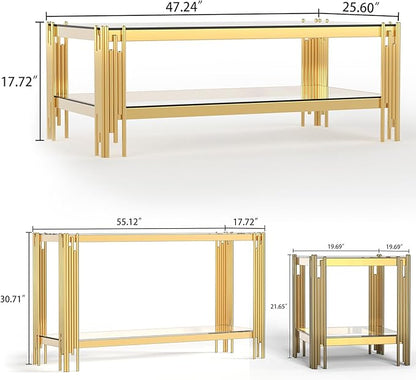 Henf Modern Glass Coffee Table Set with Storage Shlef 4 Piece Gold Living Room Tables Set Including Coffee Sofa End Tables Set,Stainless Steel Frame,Tempered Glass Top for Living Room Home Office