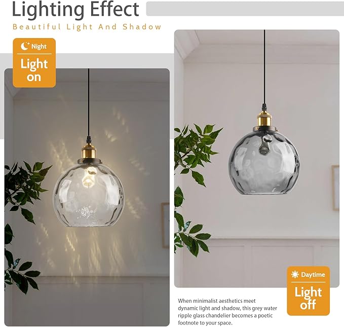Hanging Lamp Smoke Gray Glass Pendant Light Plug in Hammered Glass Globe Pendant Lights Kitchen Island Plug in Ceiling Light with Cord Vintage Hanging Pendant Lamps for Living Room Bedroom