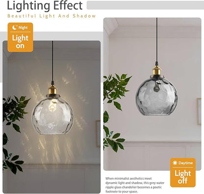 Hanging Lamp Smoke Gray Glass Pendant Light Plug in Hammered Glass Globe Pendant Lights Kitchen Island Plug in Ceiling Light with Cord Vintage Hanging Pendant Lamps for Living Room Bedroom