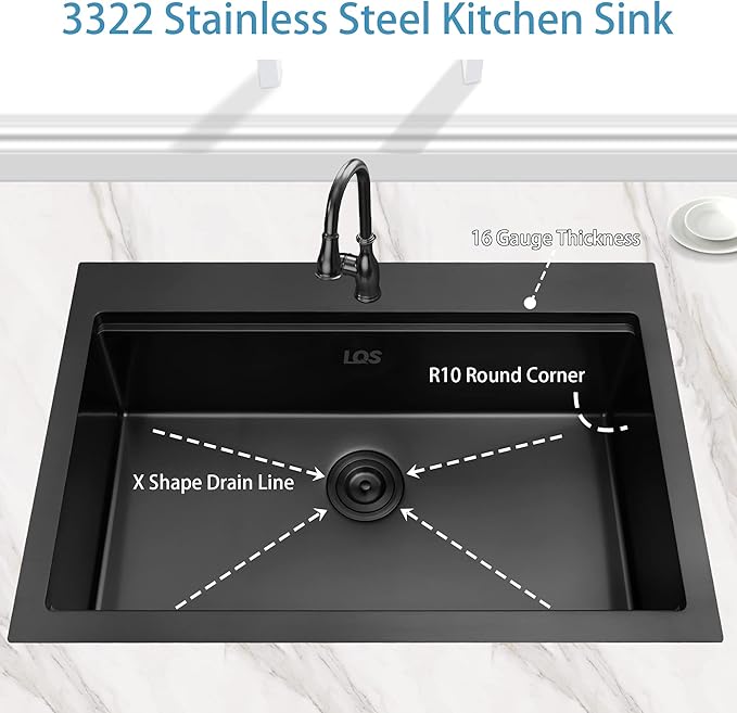 LQS Black Drop In Kitchen Sink, 33x22 Drop In Kitchen Sink, 16 Gauge Stainless Steel Sink Top Mount Deep & Large Sink with Multifunctional Workstation Kitchen Sinks and Practical Accessories