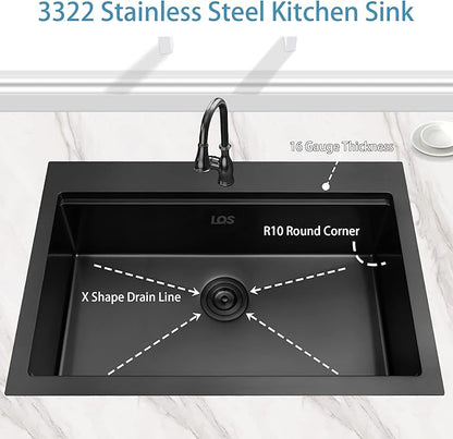 LQS Black Drop In Kitchen Sink, 33x22 Drop In Kitchen Sink, 16 Gauge Stainless Steel Sink Top Mount Deep & Large Sink with Multifunctional Workstation Kitchen Sinks and Practical Accessories