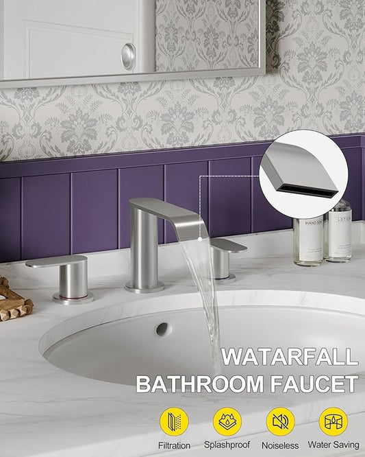 Homevacious Brushed Nickel Waterfall Bathroom Faucet for Sink 3 Hole Widespread Bathroom Sink Faucets with Pop-up Drain and Supply Lines Stainless Steel 2-Handle Bathroom Sink Faucet for Bath Vanity