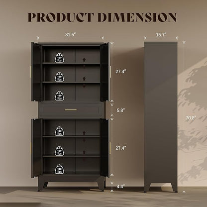 71" H Metal Kitchen Pantry Cabinet with Drawers,Black Kitchen Storage Cabinets with Doors,Tall Pantry Food Storage Cabinets,Large Freestanding Cabinets for Dining Room, Living Room
