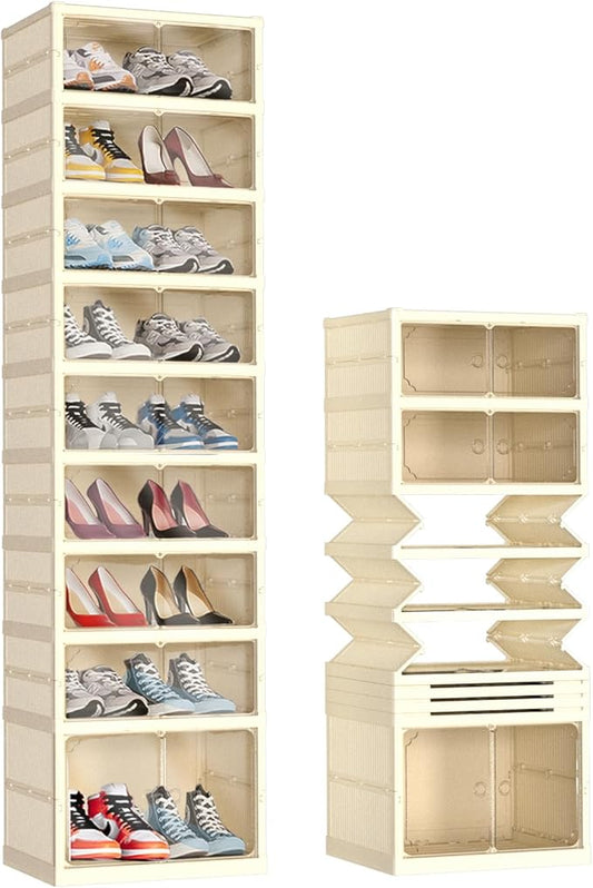 GCCSJ 9-Tier 18 Pairs Foldable Shoe Rack Organizer, Plastic Collapsible Shoe Shelf, Folding Shoe Box Storage Cabinet with Magnetic Clear Door Easy Assembly for Entryway, Bedroom, Living Room