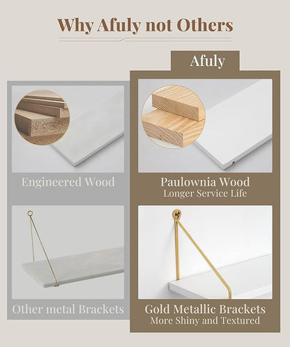 Afuly Floating Shelves for Wall, Metallic Gold White Wall Mounted Shelves, Shelves for Bathroom Kitchen Bedroom Solid Wood Metal Chic Bookshelf, Set of 2