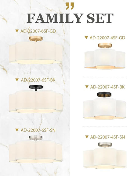 Gold Semi Flush Mount Ceiling Lights, 6-Light 18Inch Ceiling Light Fixtures with Fabric Shade in Flower Shape, Farmhouse Brass Drum Lighting for Nursery Bedroom Kitchen, AD-22007-6SF-GD