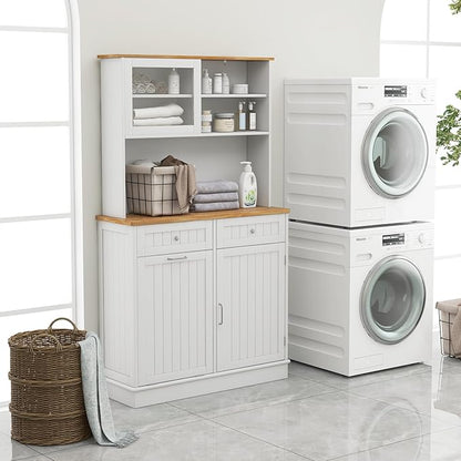 68" Tall Kitchen Pantry Cabinet, Freestanding Kitchen Hutch w/Tilt Out Trash Can Cabinet, Microwave Countertop, Sliding Glass Door, Wooden Dining Room Cupboard