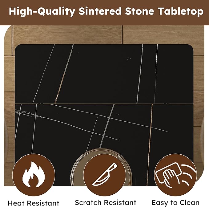 Runboll Extendable Rectangular Dining Table Set for 4, 47"-71" Modern Sintered Stone Kitchen Table with 4 Chairs and Carbon Steel Legs for Dining Room Family Gathering