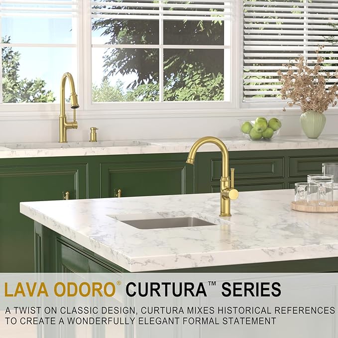 Lava Odoro Curtura Gold Kitchen Faucet with Pull Down Sprayer, Single Handle Kitchen Sink Faucet with Magnetic Docking Spray 3-Function, Brass Faucet for Kitchen Sink 1 Hole and 3 Hole, KF421-SG-M