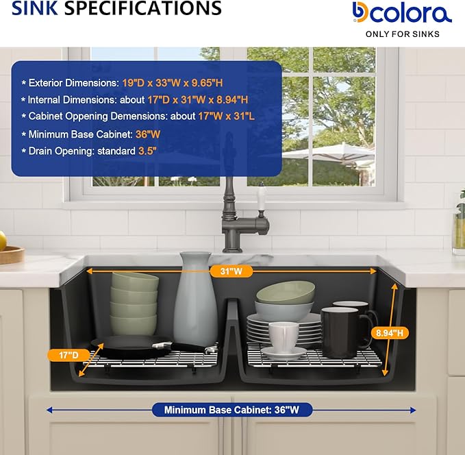 Dcolora 33 Inch Granite Composite Kitchen Sink Black Ktichen Sink Workstation 50/50 Double Bowl Quartz Under Counter Sinks Classic Matte Black 33“×19"×10，#DC-GX3328