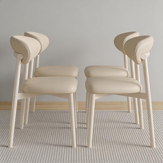 Mid Century Modern Dining Chairs, Upholstered Dining Room Chair with Rubber Wood Frame, Soft PU Leather, Kitchen Chairs Set of 4 for Farmhouse Living Room Dinner Cream/Beige Leather