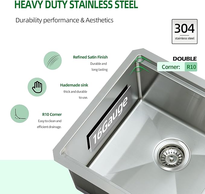 Undermount Kitchen Sink, 18 x 18 x 10 Inch Sink Kitchen 16 Gauge Stainless Steel Kitchen Sinks Single Bowl Workstation Sink with Cutting Board
