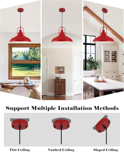 Red Pendant Light Kitchen Island,16 Inch Large Industrial Pendant Lights, Matte Red Pendant Lights, Vintage Farmhouse Pendant Light for Kitchen Island, Dining Room, Hallway (2 Pack)