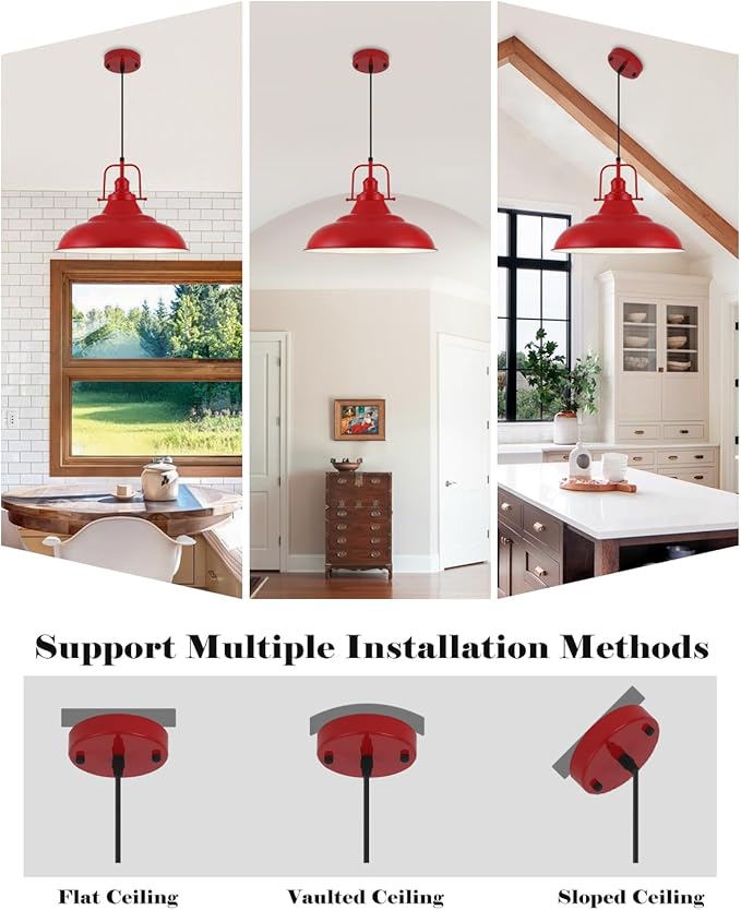 Red Pendant Light, 16 Inch Large Industrial Pendant Lights, Matte Red Pendant Lights Kitchen Island, Vintage Farmhouse Pendant Light for Kitchen Island, Dining Room, Hallway (1 Pack)