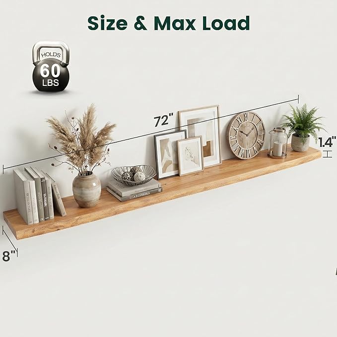 72 Inch Live Edge Floating Shelves, 8 Inch Deep Solid Elm Wood Wall Shelf, Heavy-Duty Wall Mounted Shelf with Invisible Brackets for Living Room, Bathroom, Kitchen, Set of 1, Natural Color