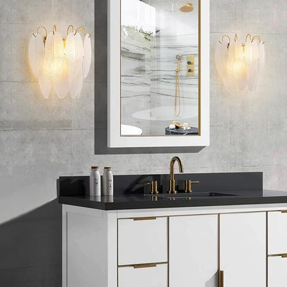 LumFurn 2-Light Gold Wall Sconces, Modern Design Indoor Wall Lamp, Vanity Wall Mount Light Fixture for Bathroom, Hallway, Bedroom, Frosted Feather-Shaped Glass Shade & Brass Finish Frame
