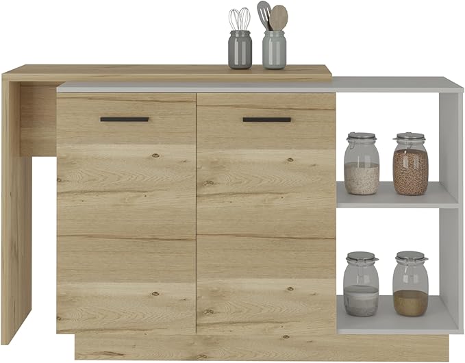 GOWE Kitchen Island, Double Door Cabinets, Two External Shelves, Three Shelves, White/Light Oak