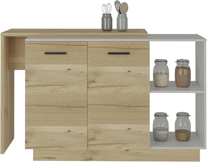 GOWE Kitchen Island, Double Door Cabinets, Two External Shelves, Three Shelves, White/Light Oak