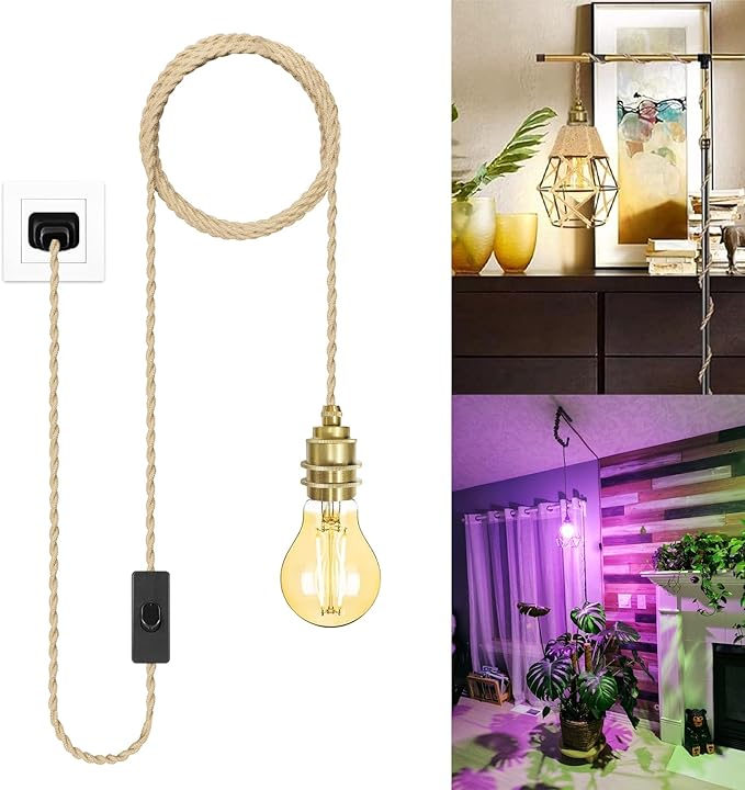 Plug in Pendant Light Kit with Switch, 11.5ft Gold Hanging Light Cord, E26 Metal Ceramic Socket, Industrial Plug-in Lights Fixture for Living Room Bedroom
