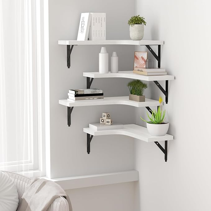 ROMGUAR CRAFT Corner Floating Shelves Wall Mounted Set of 4, Rustic Wood Storage Display Wall Shelves for Home Decor, Bathroom, Kitchen, Bedroom, Living Room, Office (White)