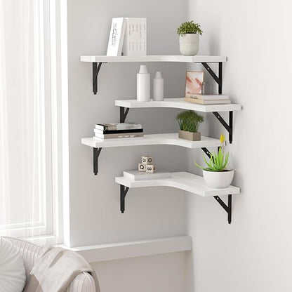 ROMGUAR CRAFT Corner Floating Shelves Wall Mounted Set of 4, Rustic Wood Storage Display Wall Shelves for Home Decor, Bathroom, Kitchen, Bedroom, Living Room, Office (White)