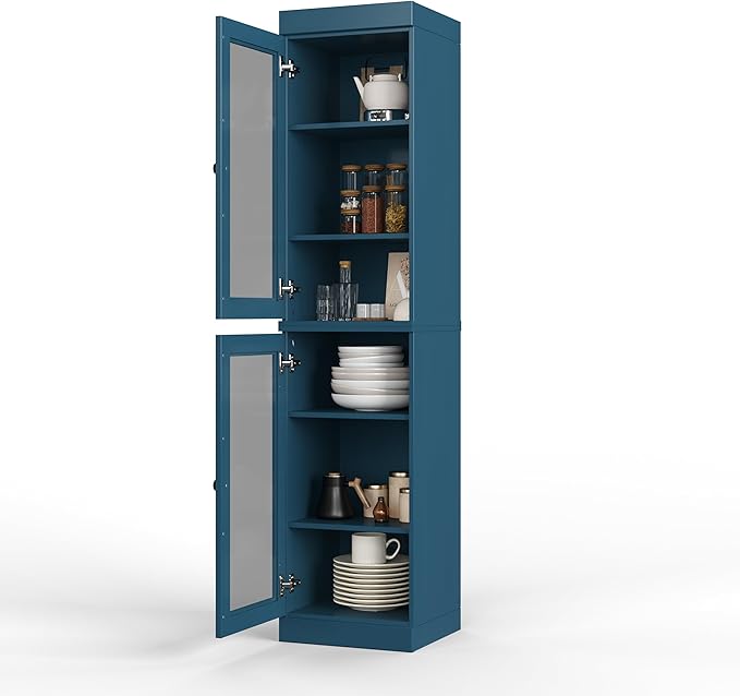 Palace Imports Solid Wood Kitchen Pantry Cabinet w/Glass Doors - Narrow Storage Cabinet - 16.5" Wide x 71.5" Tall - Teal Blue, Adjustable Shelves, 100% Eco-Friendly Wood, Modular Cabinets